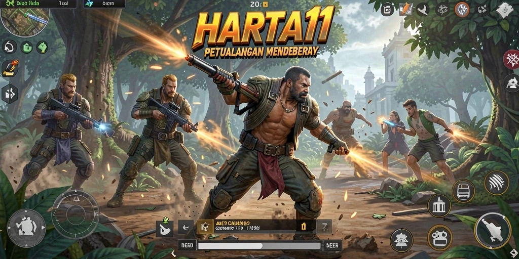Tampilan screenshot utama HARTA11 dengan aksi mendebarkan di berbagai lokasi.