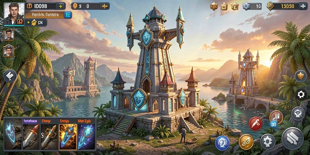 Screenshot ID098 menunjukkan aksi seru saat mempertahankan menara dari serangan musuh.