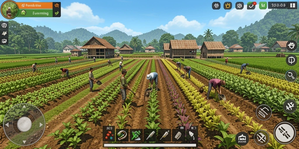 Screenshot gameplay JKT8 menampilkan keindahan ladang pertanian yang aktif.