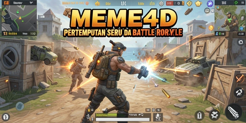 Screenshot utama MEME4D menampilkan aksi intense dalam pertempuran Battle Royale.