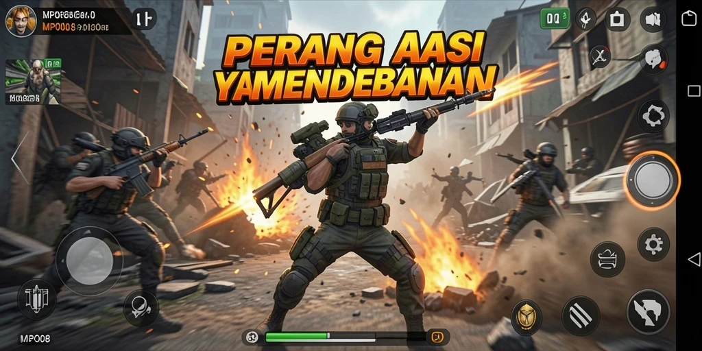 Tampilan aksi seru dalam permainan MPO08 dengan beragam senjata.