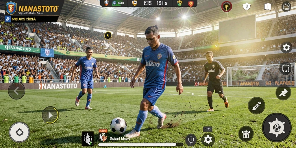 Tangkapan layar gameplay <strong>NANASTOTO</strong> yang menunjukkan aksi sepak bola yang mendebarkan.