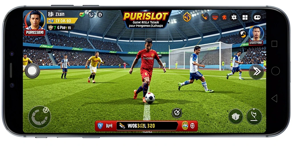 Tampilan gameplay seru dalam PURISLOT dengan aksi sepak bola nyata.