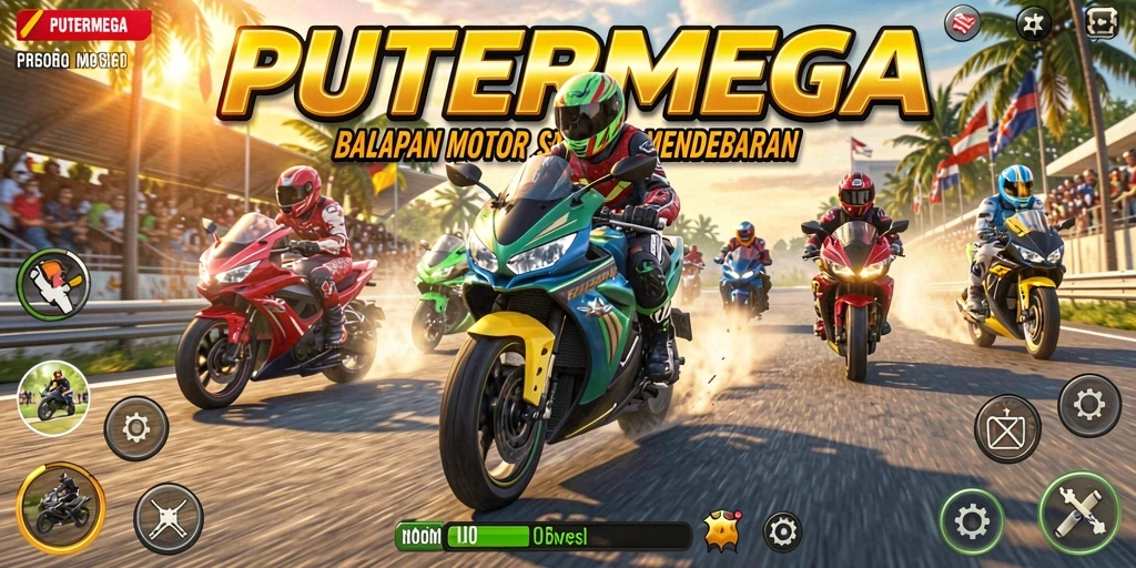 Gameplay seru PUTERMEGA menampilkan aksi balap motor yang mendebarkan.