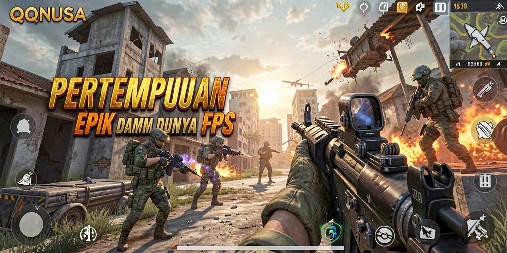 Tangkapan layar utama QQNUSA menunjukkan aksi menembak yang mendebarkan.