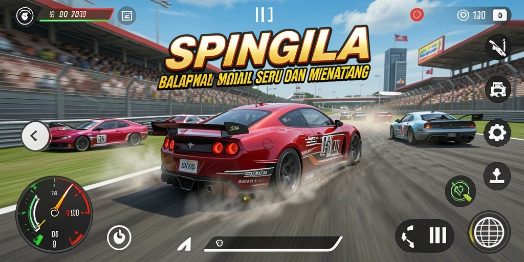 Screenshot SPINGILA menunjukkan aksi balap mobil yang mendebarkan dan cepat.